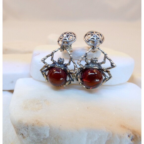 Artisan Sterling Silver Baltic Amber Spider Dangle Earrings Halloween - Picture 3 of 6